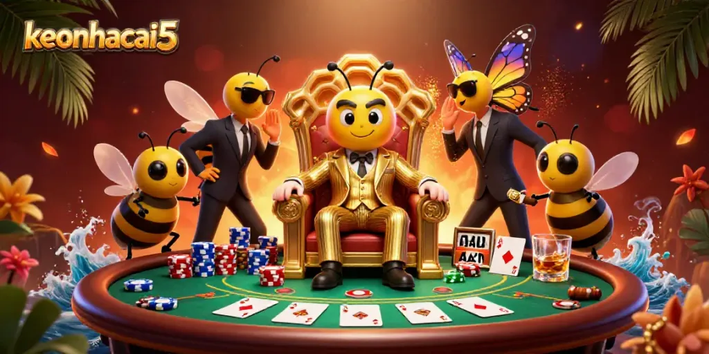 Experience keonhacai5 strategies with a buzzing mob boss amidst a dynamic poker scene filled with vibrant casino elements.