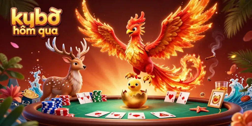 Experience the exciting realm of kqbđ hôm qua with this dynamic illustration of a fiery phoenix and poker action.