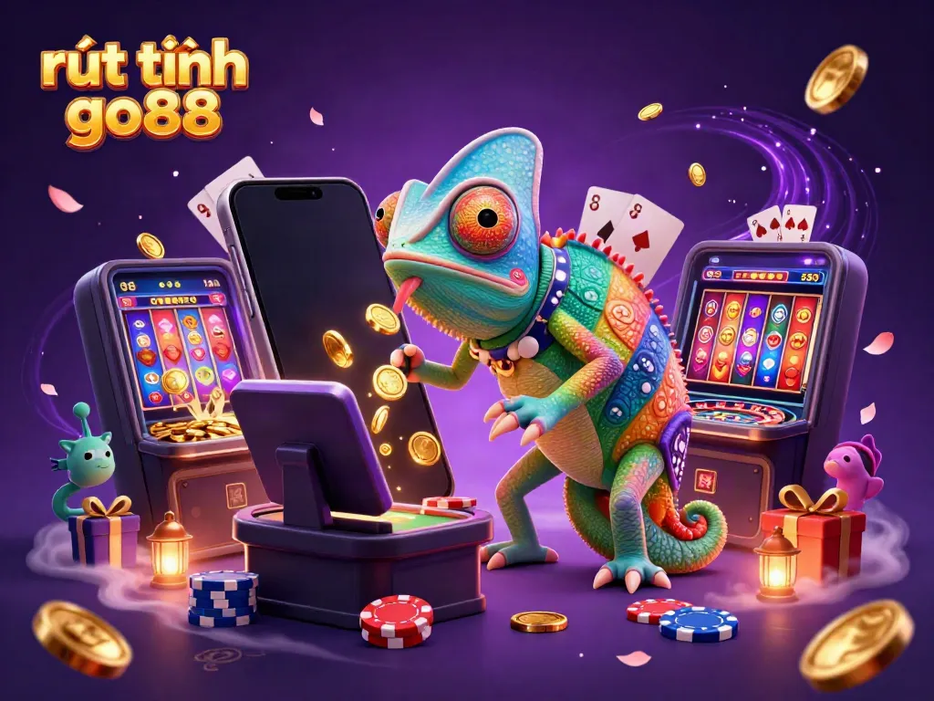 Engage in rút tiền go88 with a vivid illustration of a chameleon casino owner and ornate game elements.