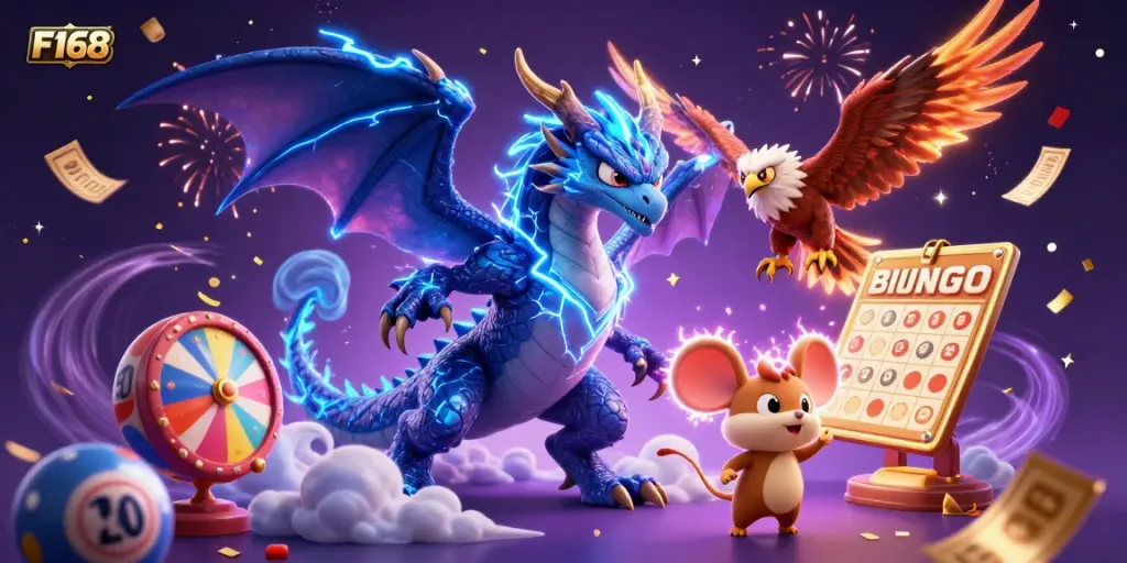 Experience the excitement of F168 with a vibrant illustration featuring dynamic characters and casino elements.