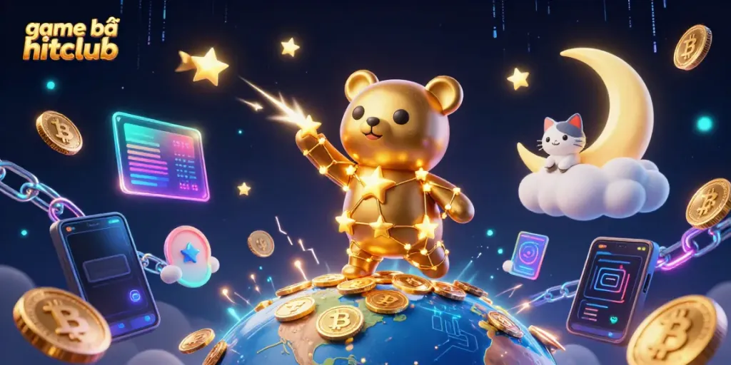 Experience the excitement of game bài hitclub with captivating illustrations of a constellation bear and cosmic elements.