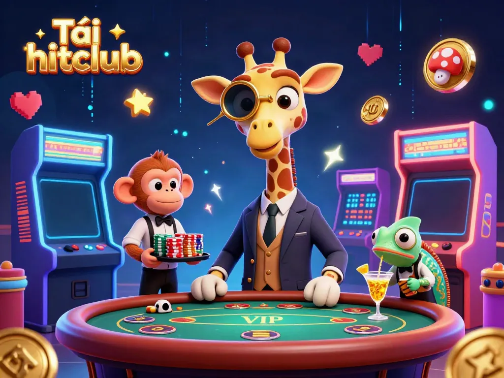 Play and win with Tải hitclub in an exciting 3D casino scene filled with vibrant gaming characters.