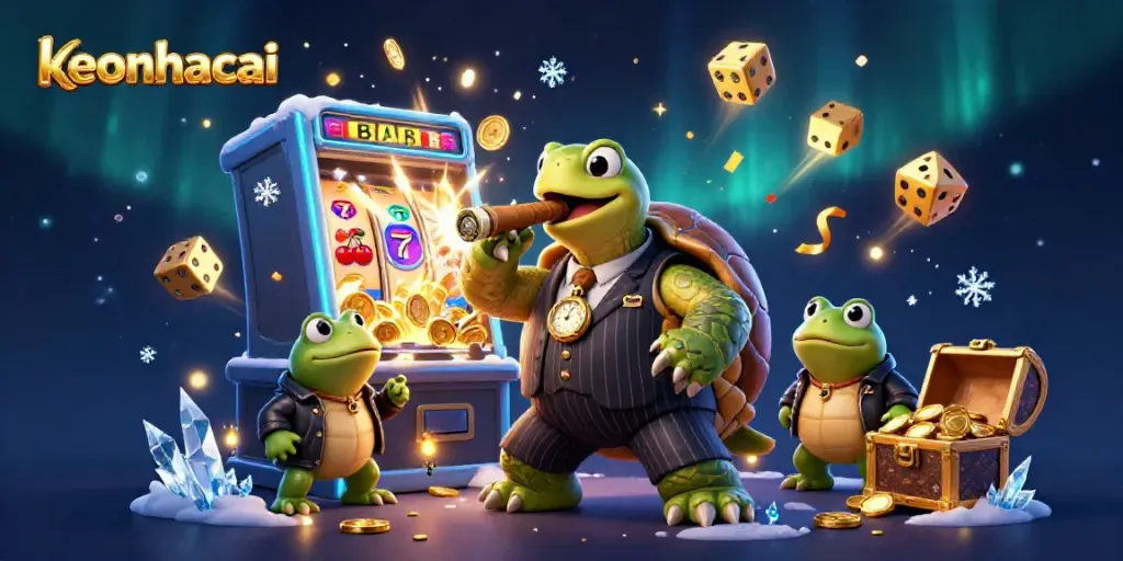 Experience keonhacai with a festive jackpot scene featuring a cartoon turtle and bullfrogs amid vibrant casino elements.