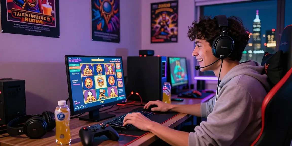 Pengguna NENG4D bermain slot gacor di laptop dengan semangat, dikelilingi aksesori gaming dan tampilan permainan menarik.