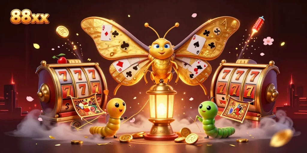 Engaging 88xx gaming illustration showcasing a vibrant casino atmosphere with dynamic elements and characters.