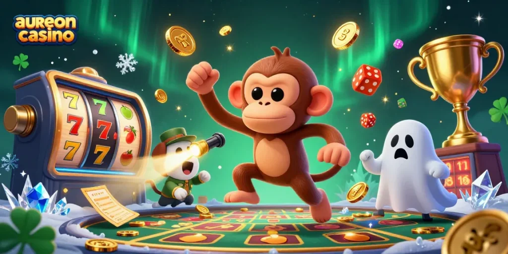 Aureoncasino showcases an exciting scene with a poltergeist monkey juggling golden coins in a lively casino atmosphere.